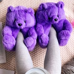 Comfy Cozy Soft Teddy Bear House Slippers Purple Teddy Bear Shoes, Teady Bear Slippers, Teddy Bear Slippers, Purple Teddy Bear, Fluffy Shoes, Bear Slippers, Animal Slippers, House Clothes, Leather Boots Heels