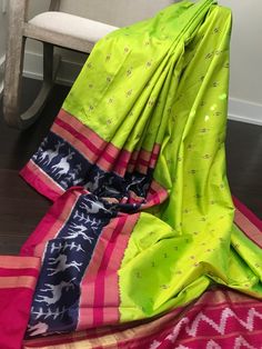 This is a beautiful Pochampally ikkat handwoven saree in pure silk with deer motifs in border and geometric pattern in pallu. This one has such a royal look and a rare colour combination!! Notice the characteristic blurriness of the motifs.  *Saree comes with an unstitched blouse piece.  *Hand woven fabrics or products may have slight irregularities unlike power loom products. * colour may vary slightly due to lighting  *No falls or pico * Maintenance: Dry clean only *All sales are final Pure Silk Saree, Royal Look, Woven Fabrics, Ikkat Silk Sarees, Colour Combination, Pure Silk Sarees, Power Loom, Blouse Piece, Pure Silk