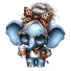 an elephant with glasses and a leopard print on it's head is holding a coffee cup