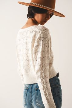 This pointelle knit fabric is a very feminine and delicate-looking rib-knit made with a pattern of openings, which is fantastic for cooler summer days because the openwork is cooler than a solid knit. This cream pointelle sweater boasts of a cropped length, making it perfect for pairing with high-waisted bottoms, such as with our Push Up Ripped Skinny Jean in Blue, which we show in our photos. This cardi boasts of a wrap front, a V-neckline, long sleeves, a partial button placket, and beautiful Brogues Womens, Mens Lightweight Jacket, Knit Cardi, Pointelle Sweater, Dressy Sandals, Color Crema, Pointelle Knit, Denim Jacket Men, Knitwear Cardigan