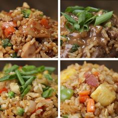 four different pictures of rice with vegetables and meat