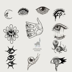 an assortment of different types of tattoos on a white background, including eyeballs and flowers