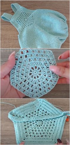 the crocheted bag is being worked on