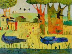 a painting of two birds standing in front of trees and buildings with birds flying over them