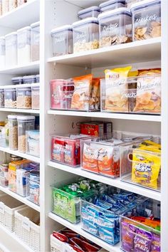 the shelves are filled with various food items