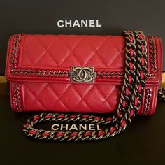 Very Rare Beautiful 100 % Authentic Chanel Boy Aged Chain Around Calfskin Bifold Long Wallet With Ruthenium Hardware In Beautiful Dark Red/Wine. This Beauty Is Converted Into Chanel Wallet On Chain By Added A Removable After Market Leather Insert With An After Market Chunky Light Weight Chain Strap. Definitely Beautiful With Some Very Minor Wear Around Edges, Stains In The Coin Pocket But No Tears No Odor. Overall Great Condition. Serial Number: 22xxxxxx Made In France Color: Deep Red Hardware: Ruthenium Chain Strap: Chunky, Aluminum Light Weight . Can Be Worn As A Crossbody, Shoulder Bag The Woc Holds Your 12 Credit Cards, 3 Large Bill Slots,1 Zippered Coin Pocket Also A Phone Chanel Wallet On Chain, Chanel Box, France Colors, Wallet On Chain, Chanel Wallet, Chanel Boy, Long Wallet, Deep Red, Crossbody Shoulder Bag