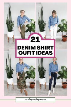 Here are 21 outfit ideas for your chambray or denim shirt! Outfits you can copy and to inspire you. Jeans Blouse Outfit Casual, Chambray Shirt Outfit 2024, How To Style A Denim Shirt Outfit Ideas, Blue Chambray Shirt Outfit, Blue Jean Button Up Shirt Outfit, How To Wear A Shirt With Jeans, Denim Shirt Women Outfit, Chambray Shirt Outfit For Work, How To Wear A Denim Shirt