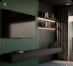 a living room with green walls and shelves next to a sliding glass door that leads out onto a balcony