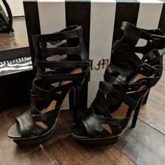 Brand New L.A.M.B. Zan Platform Sandals. Purchased At Original Msrp Of $379. Includes Original Box/Dust Bag. Black Leather Upper With Leather Sole & 1 Inch Treaded Rubber Platform. 5.5 Inch Heel. Black Heels With Removable Insole For Night Out, Black Sandals With Reinforced Heel For Night Out, Tan Pumps, Bow High Heels, Black Platform Heels, Strappy Stilettos, Black Leather Pumps, Platform Stilettos, Leather High Heels