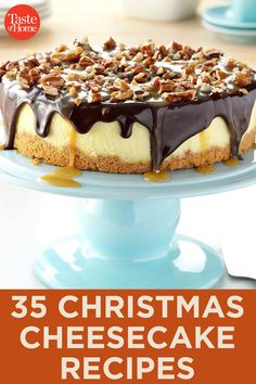 the cover of 35 christmas cheesecake recipes for everyone to make at home, with chocolate and nuts on top