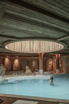 an indoor swimming pool surrounded by stone formations