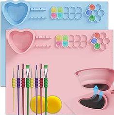 Svartur Silicone Craft Mat with Detachable Cup, 20×16 in, Silicone Painting Mat for Kids with Paint Brush, Silicone Art Mat for Creator, Resin Casting Silicone Mat for Hot Glue, Pack of 2, Pink & Blue Silicone Art, Childcare Activities, Art Mat, Painting Accessories, Silicone Mat, Casting Jewelry, Resin Casting, Hot Glue Gun, Paint Brush