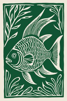 a green and white drawing of a fish in the water with algaes around it