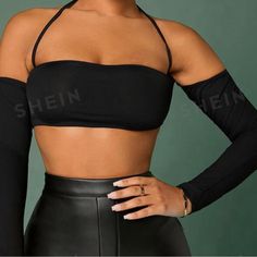 Size Medium. Never Worn . Long Sleeve Tube Top, Backless Tee, Tube Top Black, Tops Shein, Cap Sleeve Shirt, Drop Shoulder Tee, Off Shoulder Crop Top, Cropped Tube Top, Halter Crop Top