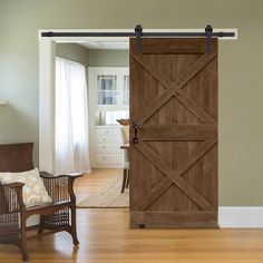 an open sliding barn door in a living room