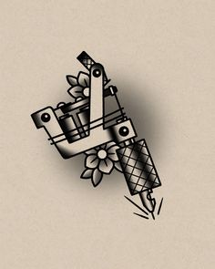 a black and white drawing of a pair of scissors with flowers on the end of it