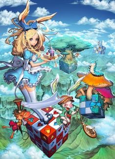 an anime character flying through the air with other characters around her and on top of a cube