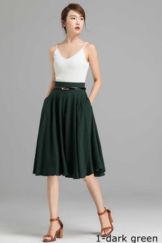 "This Skater skirt is a Green full circle skirt, the linen skirt has a high waisted. The midi skirt open by Invisible zipper on center back. A Nice 50's style skirt with side pockets, made with super linen , featuring high waist design, This green skater skirt will give you a nice looking for work or casual days DETAIL * More colors available https://etsy.me/3h8QMPG * 50% linen, 50% cotton * No lining * Seam pockets * Back zipper closure * Knee Length * Circle skirt, skater skirt * Perfect for s Solid Skirt With Waistband For Spring, Solid Skirt With Waistband For Summer, Solid Color Long Skirt With Wide Waistband, Solid Long Skirt With Wide Waistband, Chic Skirt With Waistband For Summer, Chic Flared Skirt With Wide Waistband, Chic Summer Skirt With Waistband, Chic Lightweight Skirt With Wide Waistband, Chic Flowy Skirt With Wide Waistband