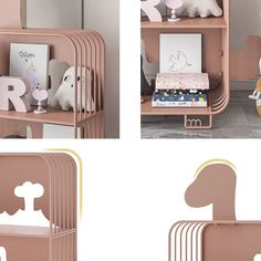 three different views of a pink bookcase with animals on it