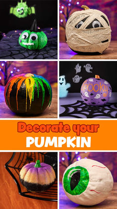 pumpkins decorated to look like jack - o'- lanterns with the words decorate your pumpkin on them