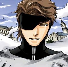 an anime character with brown hair and black eyes standing in the snow, looking to his left