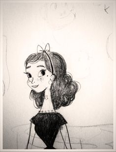 a drawing of a girl with long hair wearing a black dress and bow in her hair