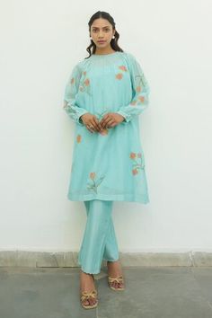 Turquoise tunic dress featuring hand embroidered flower motif all over. Comes with an inner. - Aza Fashions Hand Embroidered Tunics, Hand Embroidery Flowers, Flower Tops, Embroidered Flowers, Full Sleeve, Tunic Dress, Embroidery Flowers, Aza Fashion, Dresses Online