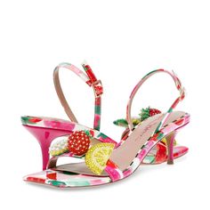 Add splashing colors to your ensemble wearing the Blue™ by Betsey Johnson Colson Flat Sandals. The slip-on footwear features polyurethane upper construction with fruit embellishments on toe strap and buckled slingback strap closure..Synthetic rubber lining and printed synthetic footbed..Kitten heels..Open square toe silhouette..Synthetic rubber outsole..Imported..Product measurements were taken using size 7, width M. Please note that measurements may vary by size..Measurements: Heel Height: 2 in Multicolor Slingback Sandals For Summer, Multicolor Summer Heels With Buckle Closure, Multicolor Buckle Closure Heels For Summer, Multicolor Slingback Heels For Summer, Blue By Betsey Johnson, Shoes High Heels, Betsey Johnson Shoes, Womens Shoes High Heels, Synthetic Rubber