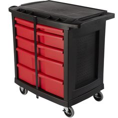 a black and red plastic storage cart with six drawers on casteors, two wheels