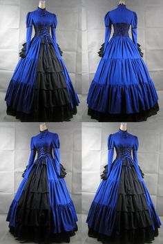 Blue and Black Long Sleeves Gothic Victorian Dress Gothic Blue Costume Dress, Black Victorian Dress With Long Sleeves For Halloween, Fitted Blue Victorian Dress With Long Sleeves, Fitted Long Sleeve Victorian Dress In Blue, Blue Vintage Dress For Cosplay, Vintage Blue Dress For Cosplay, Vintage Blue Dress For Halloween, Blue Gothic Victorian Dress For Costume Party, Blue Fitted Victorian Dress For Costume Party