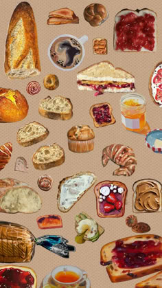 an image of many different types of breads and pastries on a table top