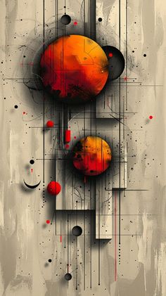 an abstract painting with red and orange shapes