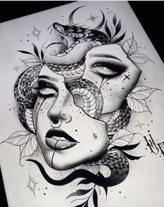 a drawing of a woman's face with snakes on her head and stars above it