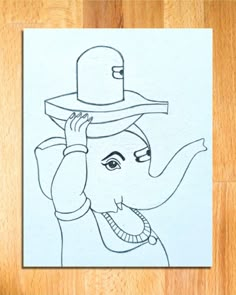 a drawing of an elephant with a hat on it's head and a person wearing a top hat