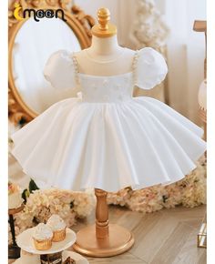 Get 10% off now! Buy cute bubble sleeved white satin flower girl dress with beaded pearls at cheap price online. Free stable shipping and pro custom service since 2009. Elegant Puff Sleeve Princess Dress For Wedding, White Princess Dress With Pearl Embroidery, Fitted White Satin Princess Dress, White Fitted Satin Princess Dress, White Satin Fitted Princess Dress, White Satin Princess Dress, White Satin Princess Dress For Baptism, White Satin Princess Baptism Dress, White Princess Dress With Puff Sleeves