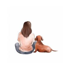 a drawing of a woman sitting on the ground with her back to a brown dog