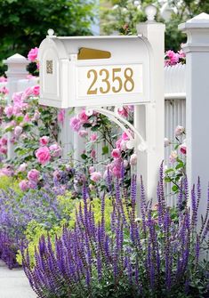 a white mailbox sitting next to purple flowers