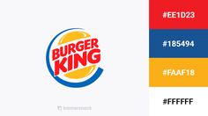 the burger king logo is shown in different colors and font, including red, yellow, blue