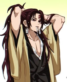 an anime character with long brown hair and piercings on her ears, wearing a tan jacket