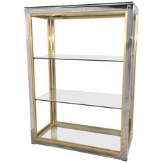 a glass display case with gold trimmings and shelves on the bottom, one shelf is