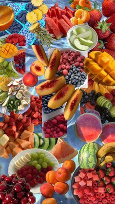 a collage of different fruits and vegetables on a blue table cloth with water in the background