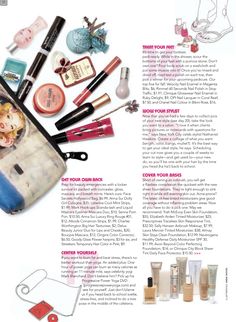 the contents of a travel bag are shown in this magazine page, including makeup and other items