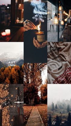 the collage shows many different images with trees and mountains in the background, including a person holding a lit candle