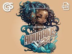 the logo for aquarius is shown in front of an image of a woman with blue hair