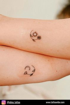 two small tattoos on the arms of women with flowers and crescents in them,