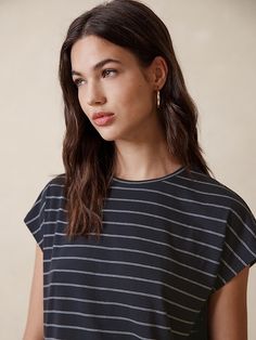 Striped Dolman-Sleeve T-Shirt | Banana Republic Factory Casual Workwear T-shirt With Shirttail Hem, Casual Cotton Tops With Curved Hem, Trendy Tops With Relaxed Fit And Batwing Sleeves, Casual Boxy Top With Shirttail Hem, Relaxed Boxy Fit Tops With Shirttail Hem, Cotton Tops With Curved Hem, Trendy Tops With Rolled Sleeves And Crew Neck, Trendy Crew Neck Tops With Rolled Sleeves, Relaxed Black Short Sleeve Top