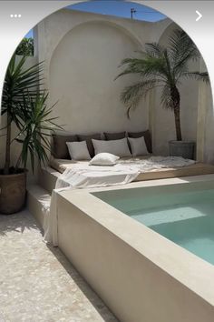 an outdoor swimming pool surrounded by potted palm trees and white walls, with seating area in the background