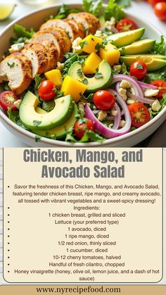 chicken, mango, and avocado salad is shown in this recipe for grilled chicken