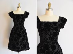 "Stunning vintage 1950s cocktail dress. Flock velvet in floral motif. Square collar and v back. Capped sleeves, darted bust and nipped waist. Semi full skirt with crinoline underneath. Back metal zip closure. State of garment | very good, light overall wear with one small discoloration mark on back of skirt. request additional photos if needed. Measurements ✂--- Best fit | Small Bust | 34\" Shoulders | not specified Shoulder to waist | shy of 15\" Sleeves | 5\" Waist | 25\" Hips | up to 38\" Tot Goth Cocktail Dress, Goth Cocktail Outfit, Prom Dresses Cocktail, 1950s Cocktail Dress, Prom Dress Inspo, Retro Fashion Outfits, Act Like A Lady, 1940s Dresses, 50s Fashion