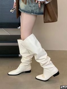 Fisdy - Classic Silver Knee High Boots with Pointed Toe and Slouch Detail Casual Martin Boots With Wide Calf For Winter, Casual Wide Calf Martin Boots For Winter, Casual Wide Calf Boots For Winter, Casual Wide Calf Winter Boots, Casual Square Toe Martin Boots For Fall, Casual Knee-high Boots With Square Toe For Winter, Casual Martin Boots With Square Toe For Fall, Casual Martin Boots With Square Toe For Winter, Casual Winter Heeled Boots With Square Toe